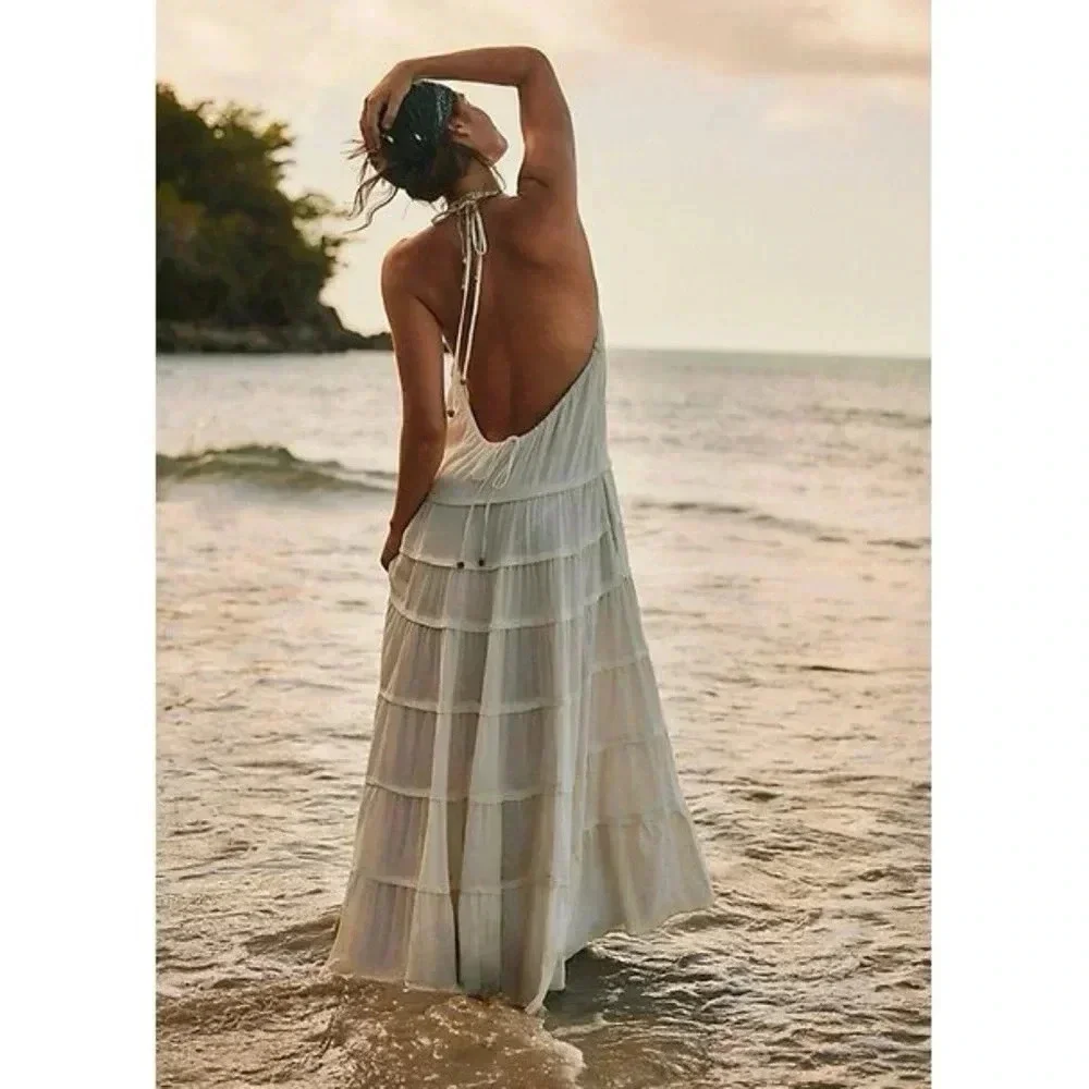 NWT Free People Somewhere Sunny Halter Maxi Dress White Swan Medium